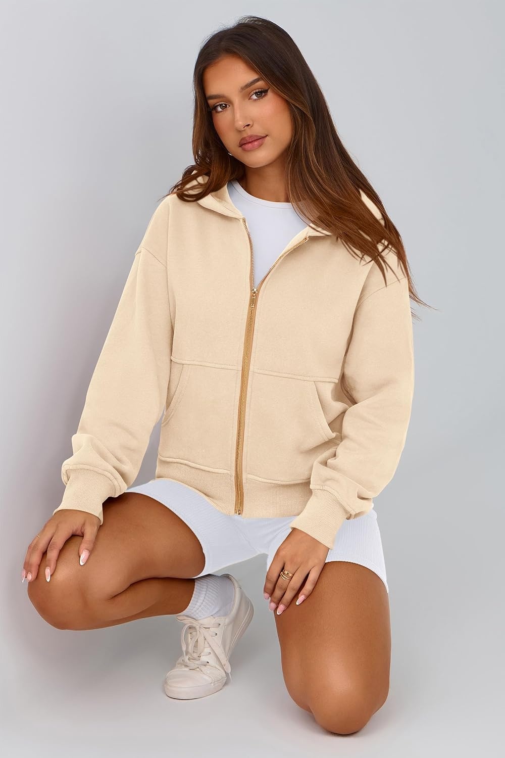 image:imagePRETTYGARDEN Hoodies for Women Fall Fashion Zip Up Fleece Plain SweatshirtApricot