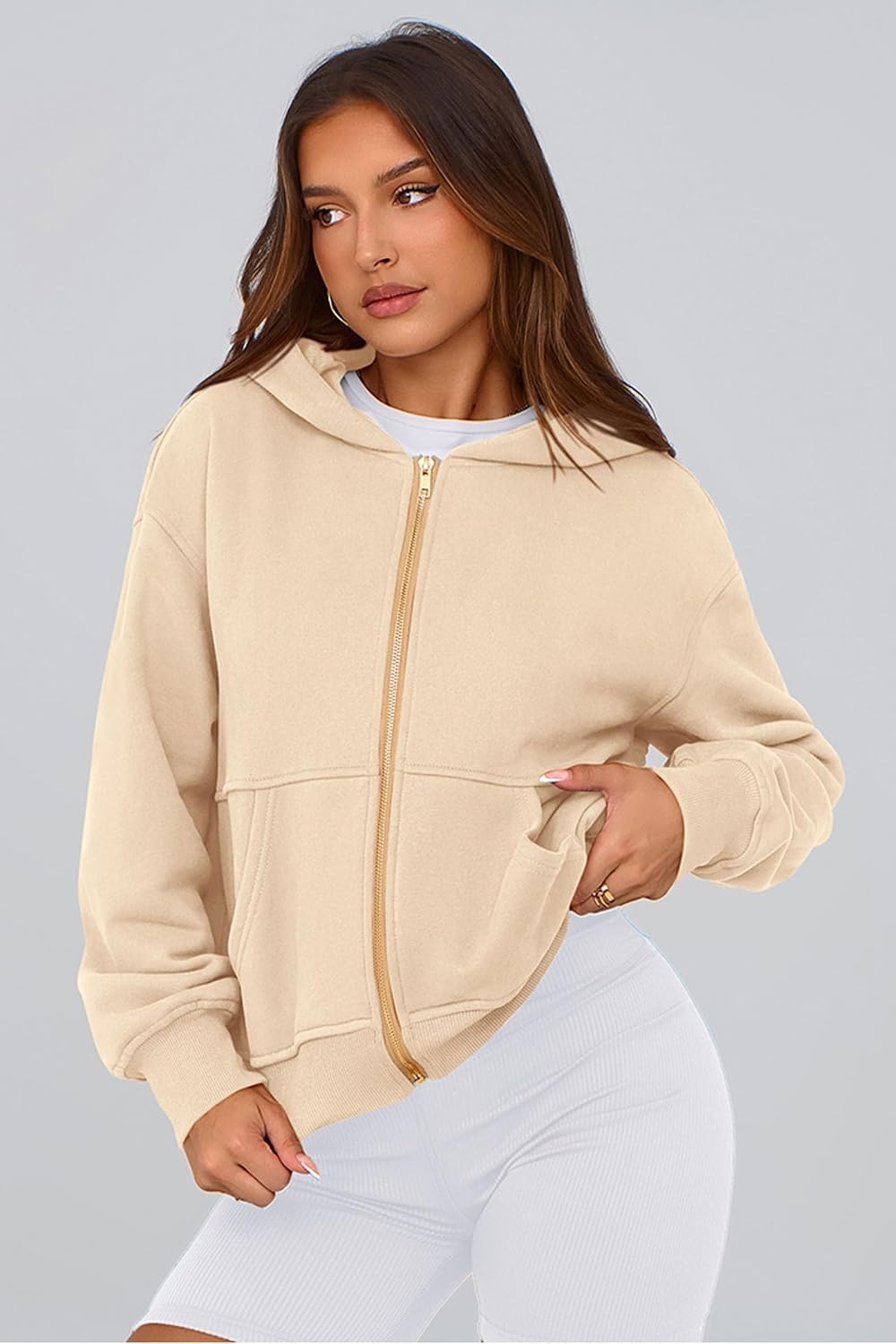 image:imagePRETTYGARDEN Hoodies for Women Fall Fashion Zip Up Fleece Plain SweatshirtApricot