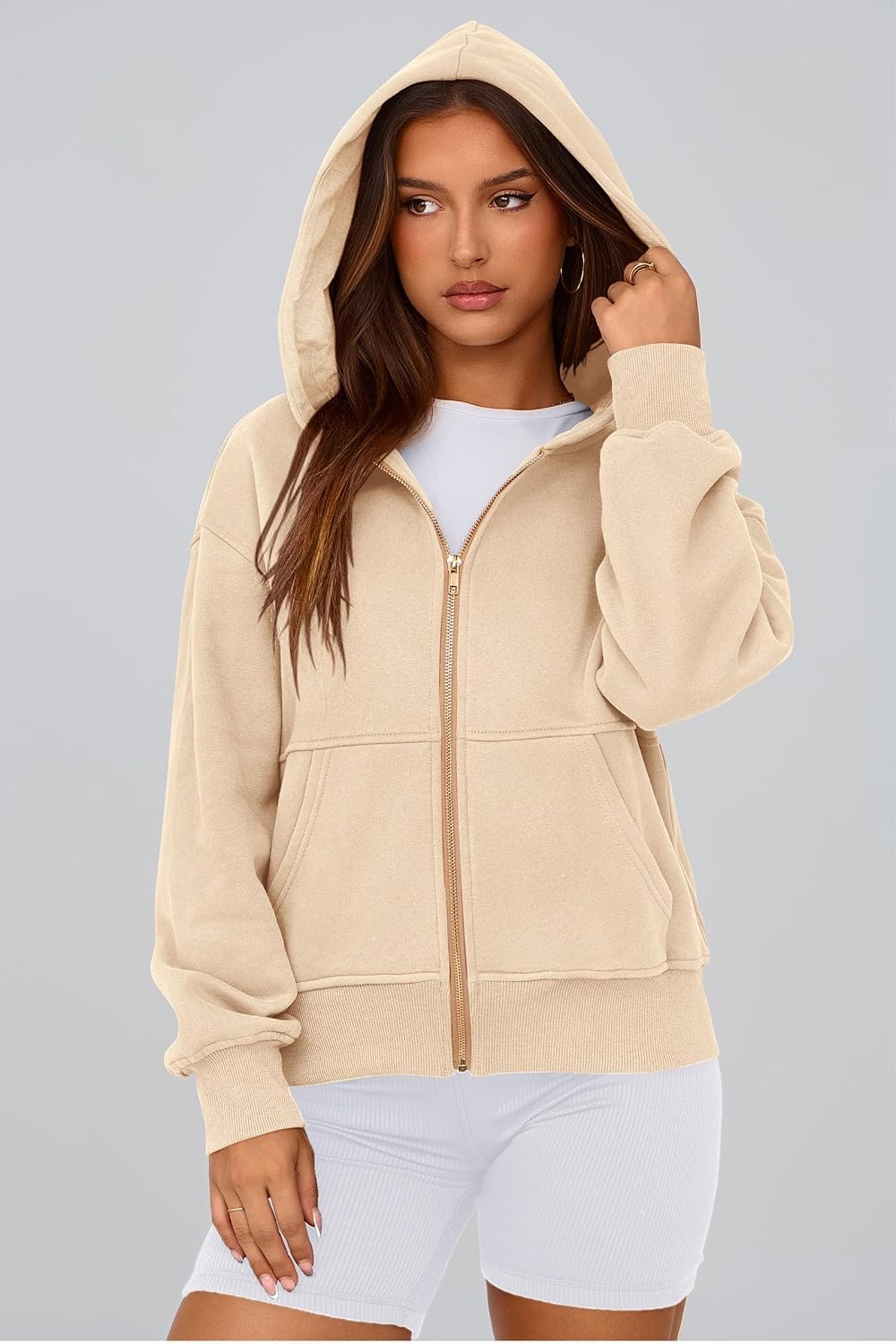 image:imagePRETTYGARDEN Hoodies for Women Fall Fashion Zip Up Fleece Plain SweatshirtApricot