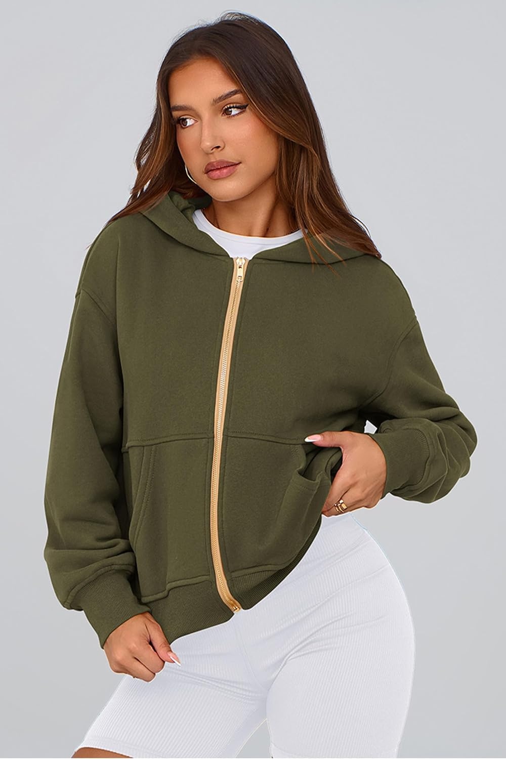 image:imagePRETTYGARDEN Hoodies for Women Fall Fashion Zip Up Fleece Plain SweatshirtArmy Green