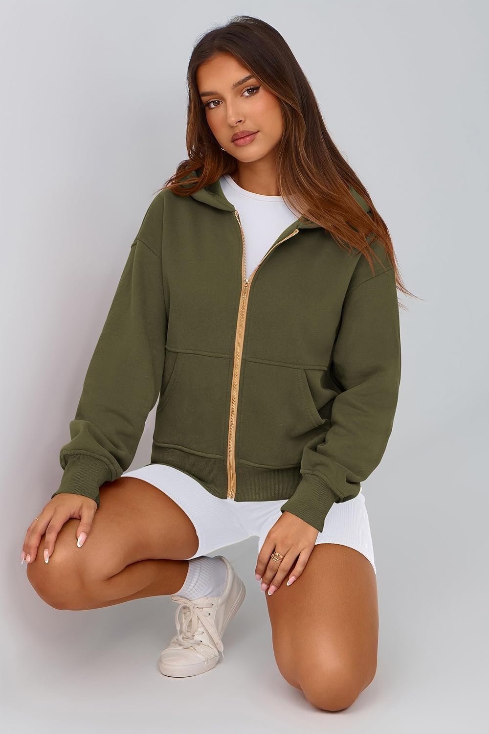 image:imagePRETTYGARDEN Hoodies for Women Fall Fashion Zip Up Fleece Plain SweatshirtArmy Green