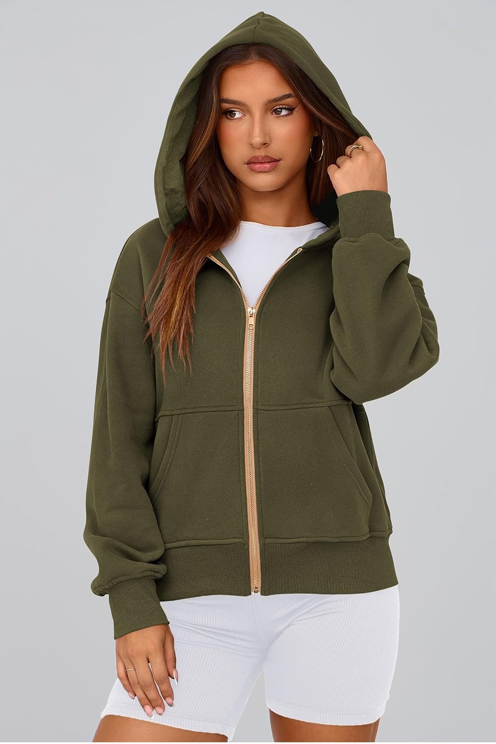 image:imagePRETTYGARDEN Hoodies for Women Fall Fashion Zip Up Fleece Plain SweatshirtArmy Green