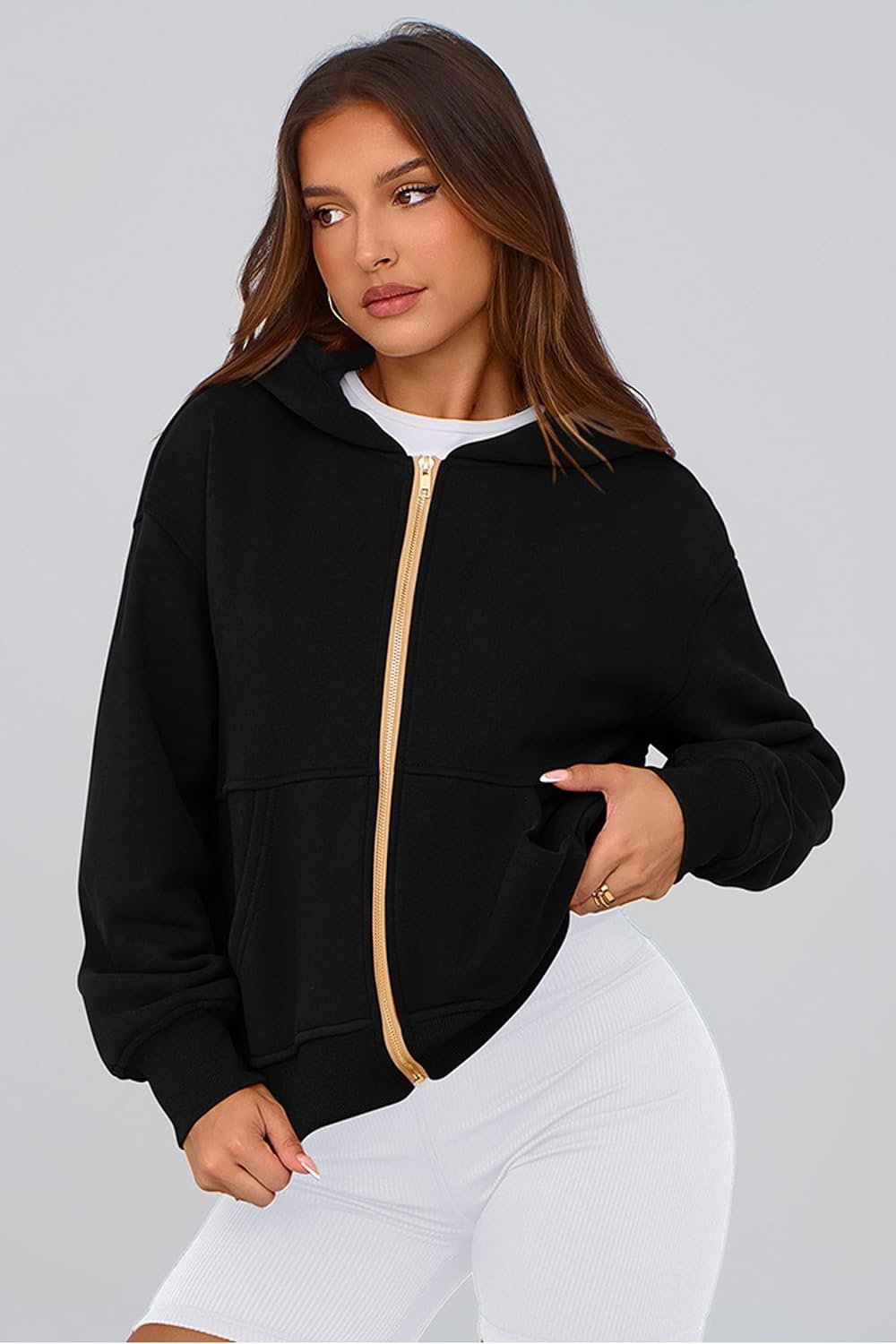 image:imagePRETTYGARDEN Hoodies for Women Fall Fashion Zip Up Fleece Plain SweatshirtBlack