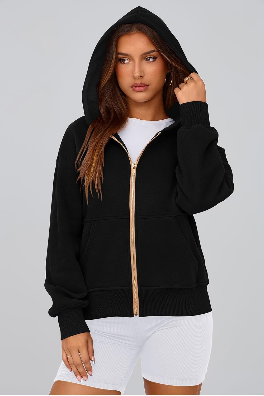 image:imagePRETTYGARDEN Hoodies for Women Fall Fashion Zip Up Fleece Plain SweatshirtBlack