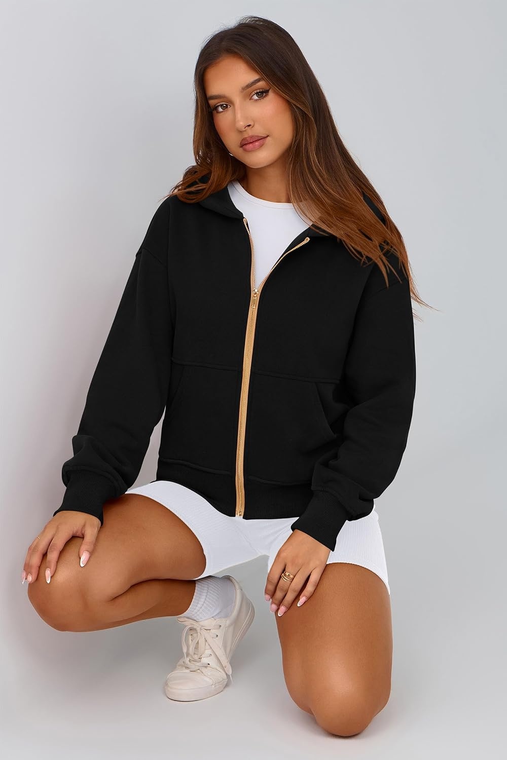 image:imagePRETTYGARDEN Hoodies for Women Fall Fashion Zip Up Fleece Plain SweatshirtBlack