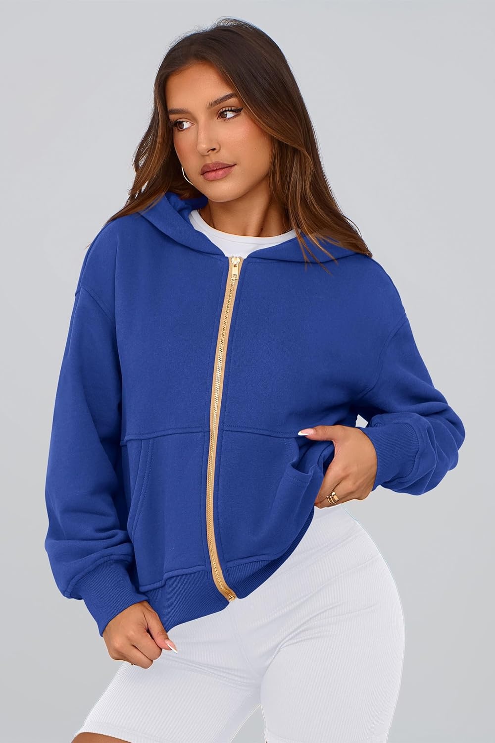 image:imagePRETTYGARDEN Hoodies for Women Fall Fashion Zip Up Fleece Plain SweatshirtBright Blue