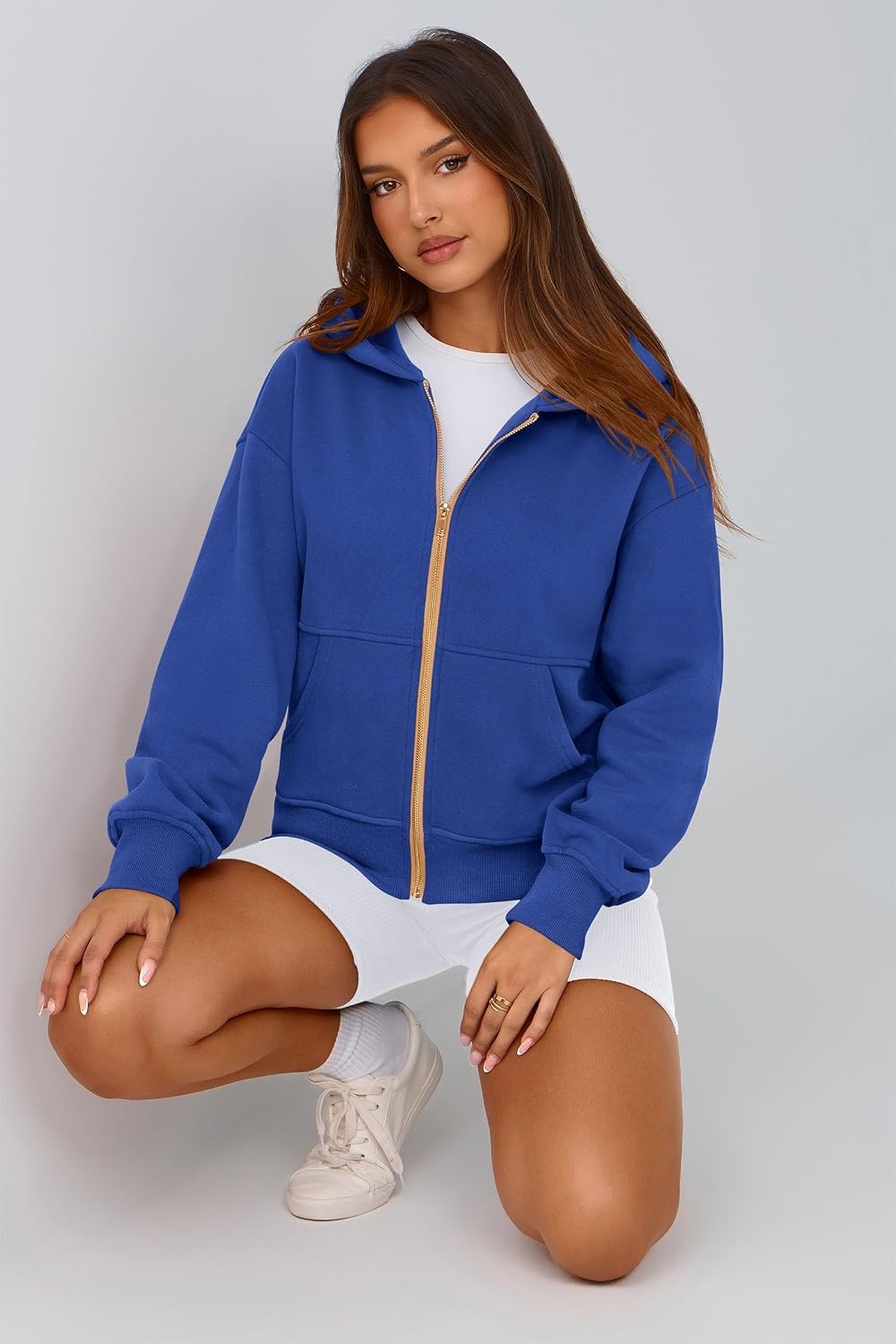 image:imagePRETTYGARDEN Hoodies for Women Fall Fashion Zip Up Fleece Plain SweatshirtBright Blue