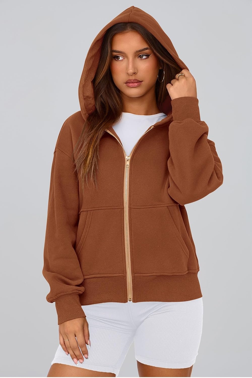image:imagePRETTYGARDEN Hoodies for Women Fall Fashion Zip Up Fleece Plain SweatshirtBrown