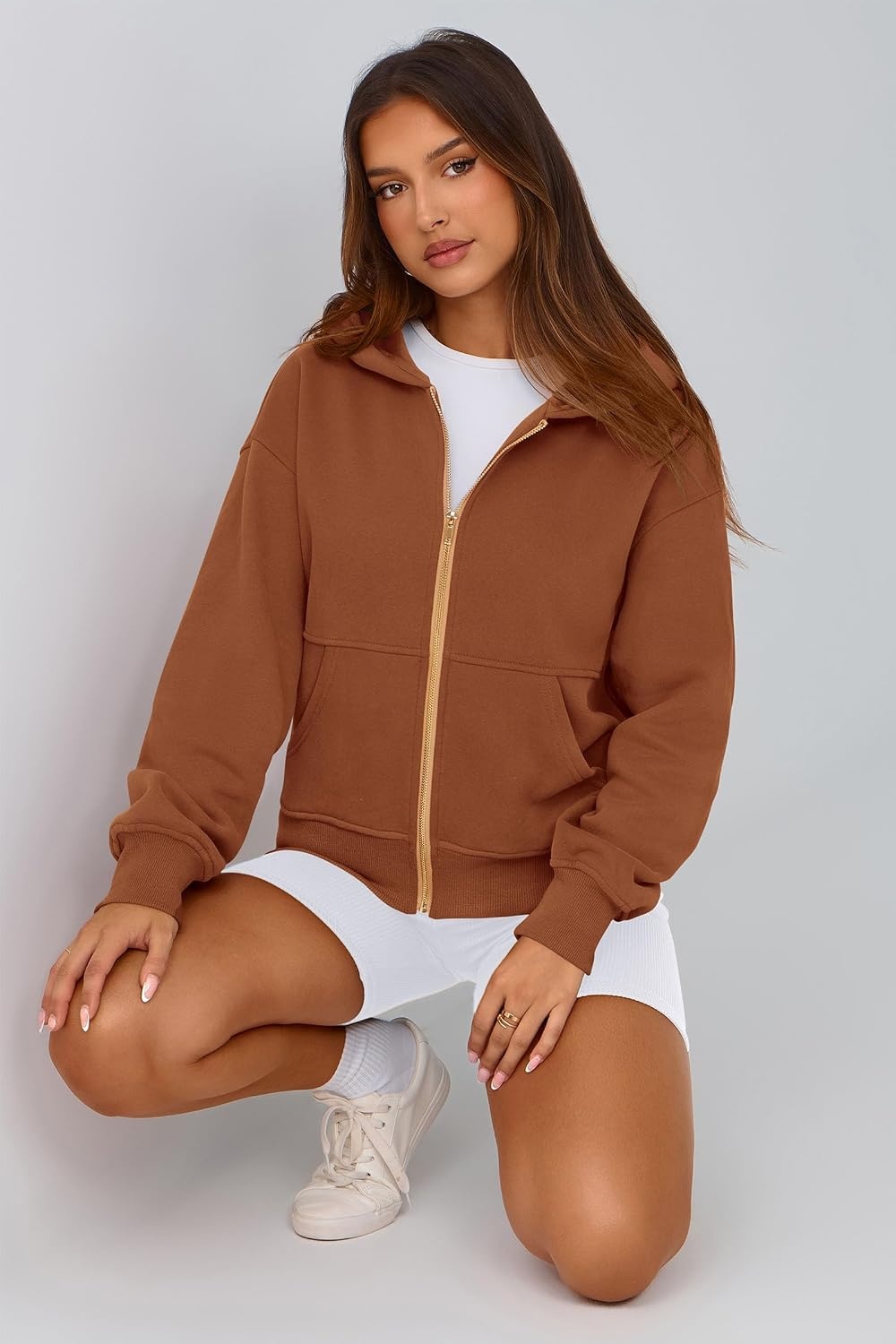 image:imagePRETTYGARDEN Hoodies for Women Fall Fashion Zip Up Fleece Plain SweatshirtBrown