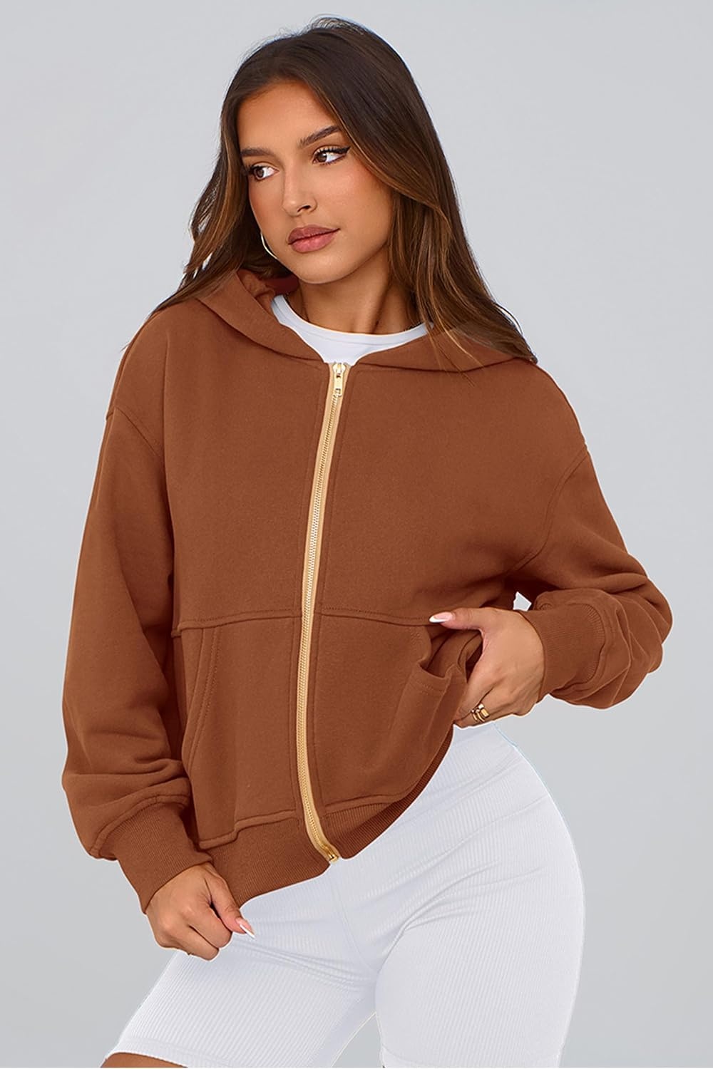image:imagePRETTYGARDEN Hoodies for Women Fall Fashion Zip Up Fleece Plain SweatshirtBrown