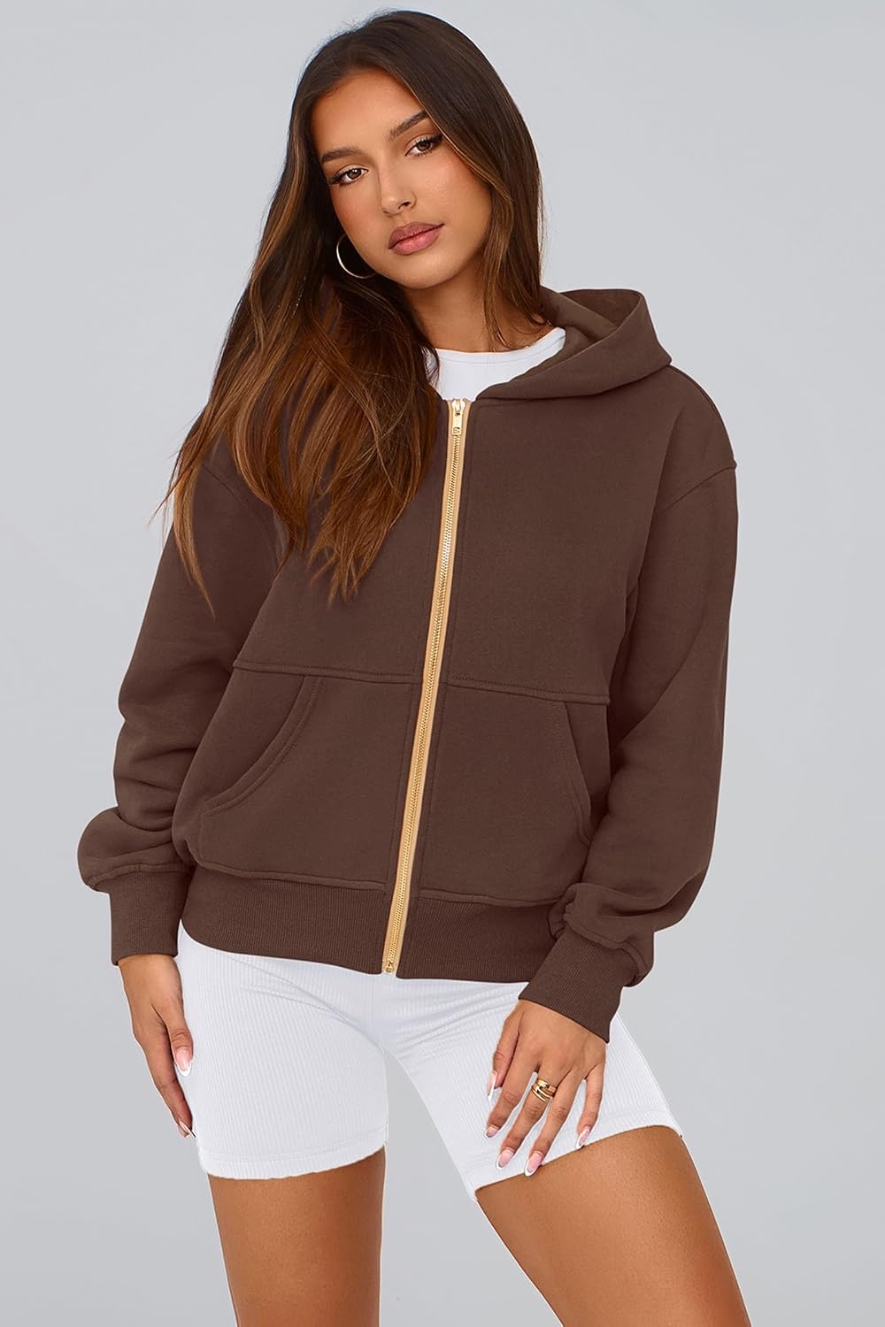 image:imagePRETTYGARDEN Hoodies for Women Fall Fashion Zip Up Fleece Plain SweatshirtBrown Coffee