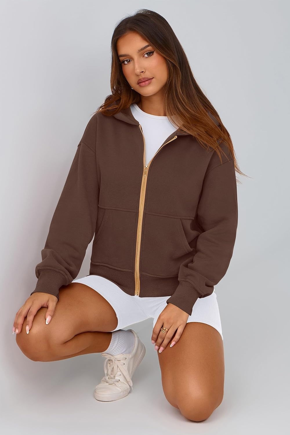 image:imagePRETTYGARDEN Hoodies for Women Fall Fashion Zip Up Fleece Plain SweatshirtBrown Coffee