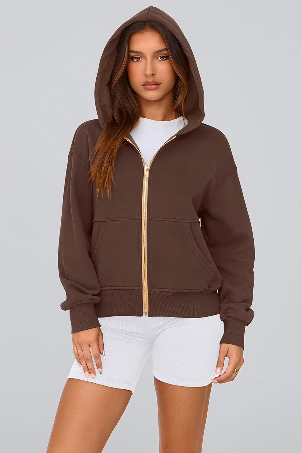 image:imagePRETTYGARDEN Hoodies for Women Fall Fashion Zip Up Fleece Plain SweatshirtBrown Coffee