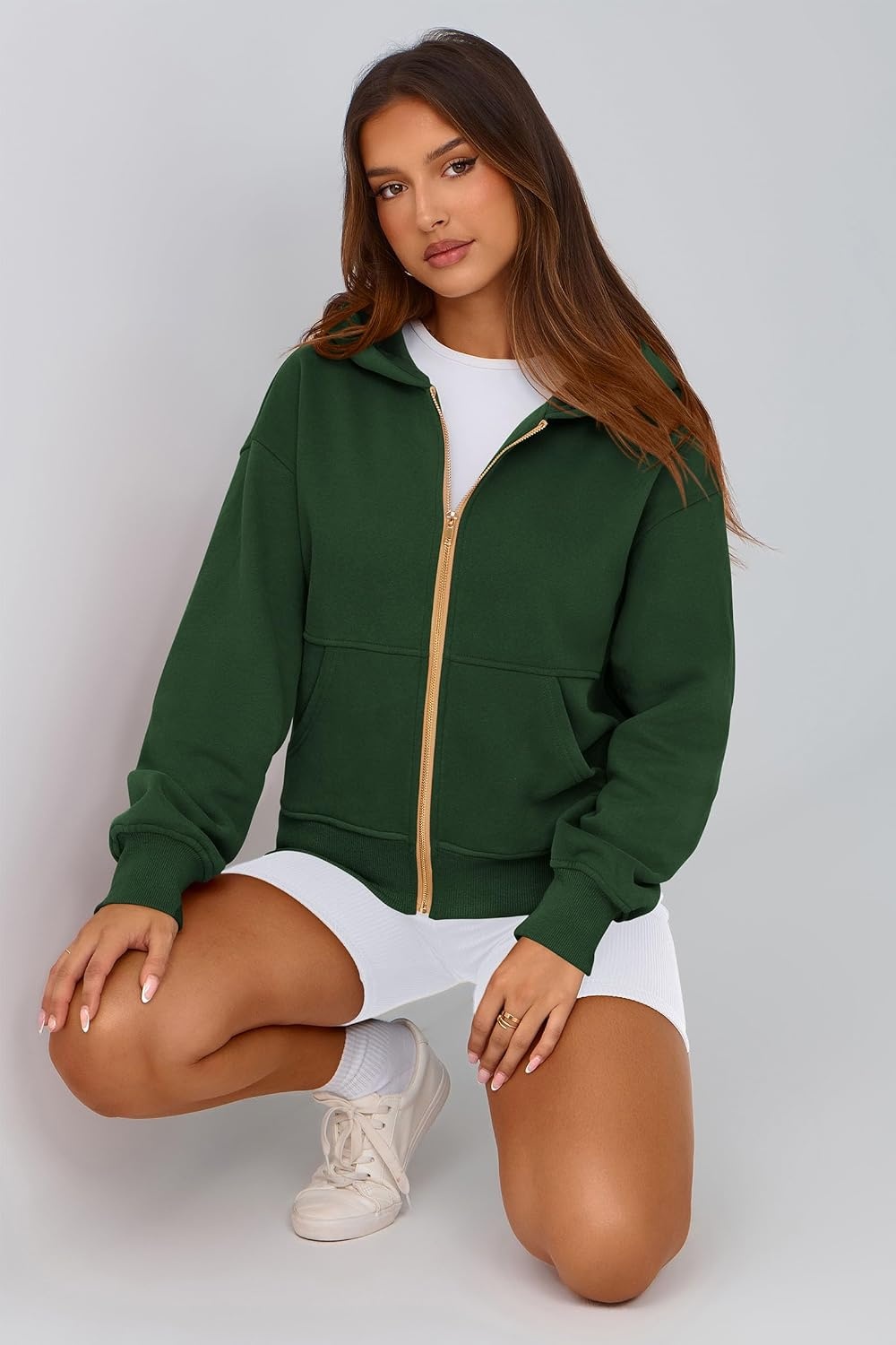 image:imagePRETTYGARDEN Hoodies for Women Fall Fashion Zip Up Fleece Plain SweatshirtDark Green