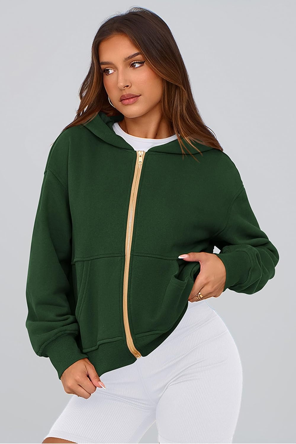 image:imagePRETTYGARDEN Hoodies for Women Fall Fashion Zip Up Fleece Plain SweatshirtDark Green