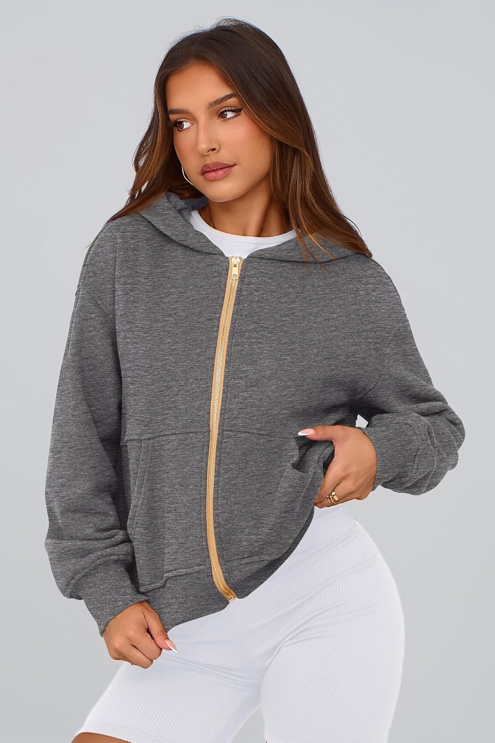 image:imagePRETTYGARDEN Hoodies for Women Fall Fashion Zip Up Fleece Plain SweatshirtDark Grey