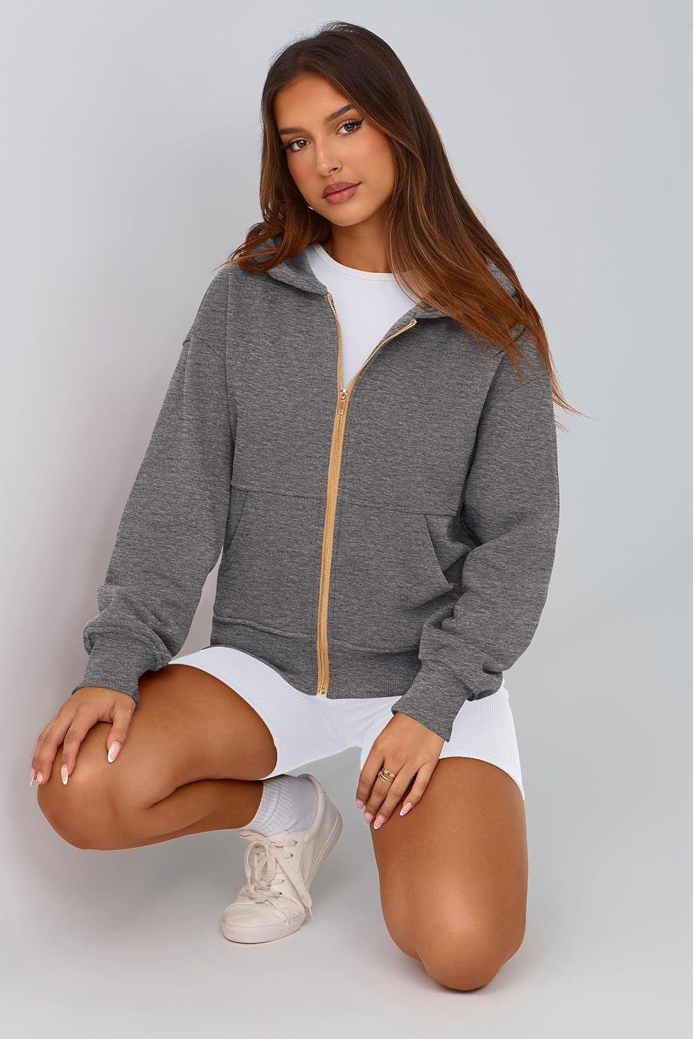 image:imagePRETTYGARDEN Hoodies for Women Fall Fashion Zip Up Fleece Plain SweatshirtDark Grey