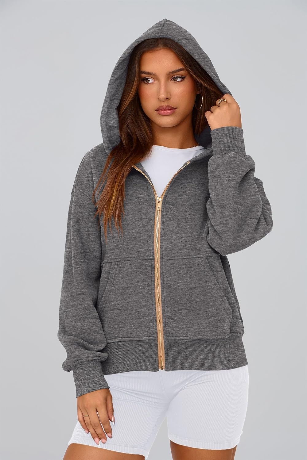 image:imagePRETTYGARDEN Hoodies for Women Fall Fashion Zip Up Fleece Plain SweatshirtDark Grey