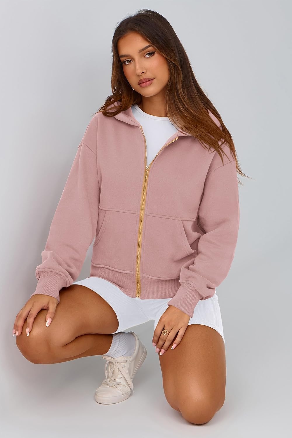 image:imagePRETTYGARDEN Hoodies for Women Fall Fashion Zip Up Fleece Plain SweatshirtDusty Pink