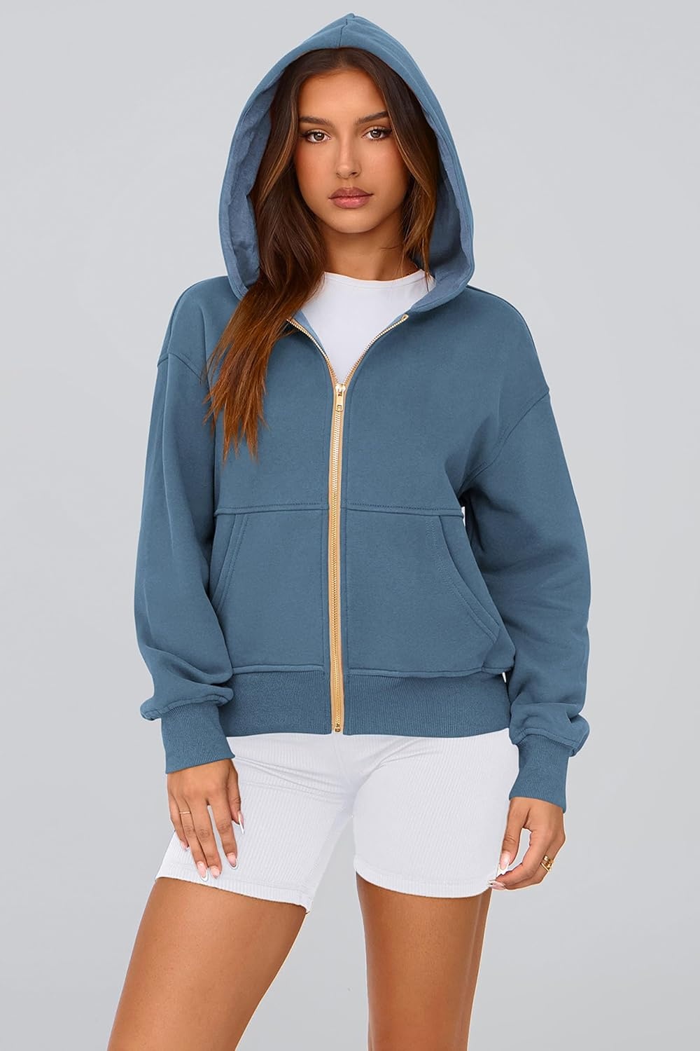 image:imagePRETTYGARDEN Hoodies for Women Fall Fashion Zip Up Fleece Plain SweatshirtGrey Blue