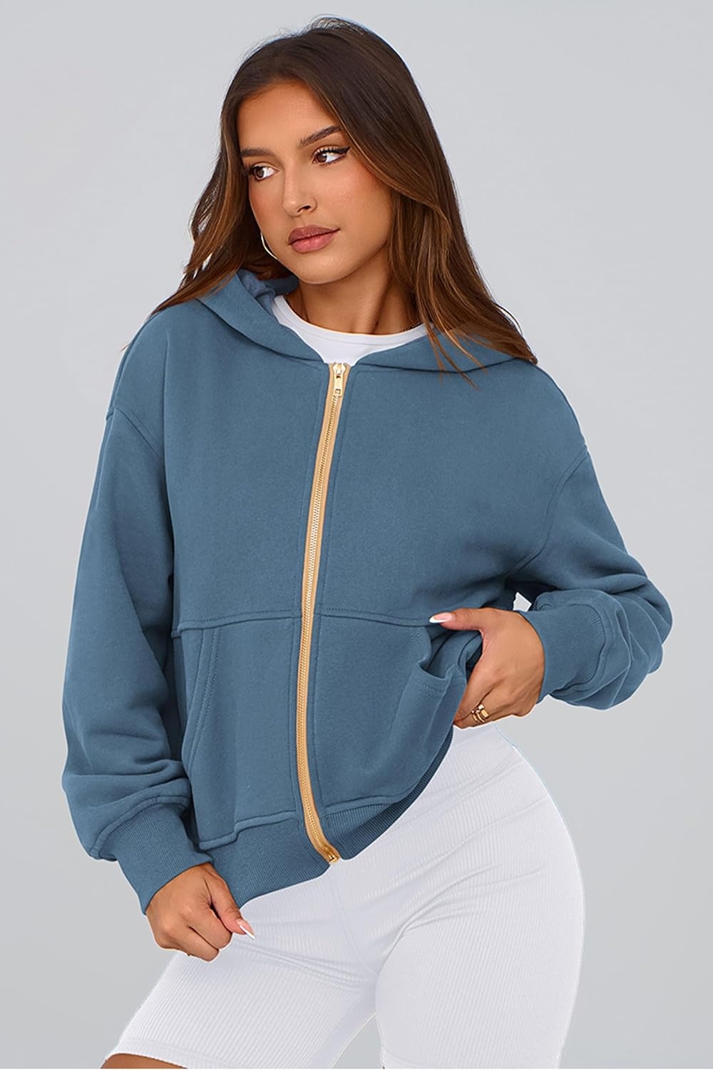 image:imagePRETTYGARDEN Hoodies for Women Fall Fashion Zip Up Fleece Plain SweatshirtGrey Blue
