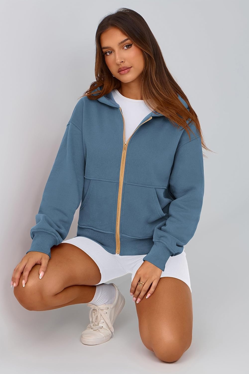 image:imagePRETTYGARDEN Hoodies for Women Fall Fashion Zip Up Fleece Plain SweatshirtGrey Blue