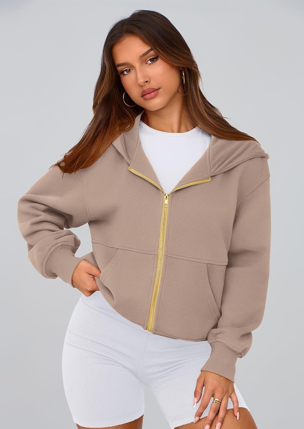 image:imagePRETTYGARDEN Hoodies for Women Fall Fashion Zip Up Fleece Plain SweatshirtGrey Khaki