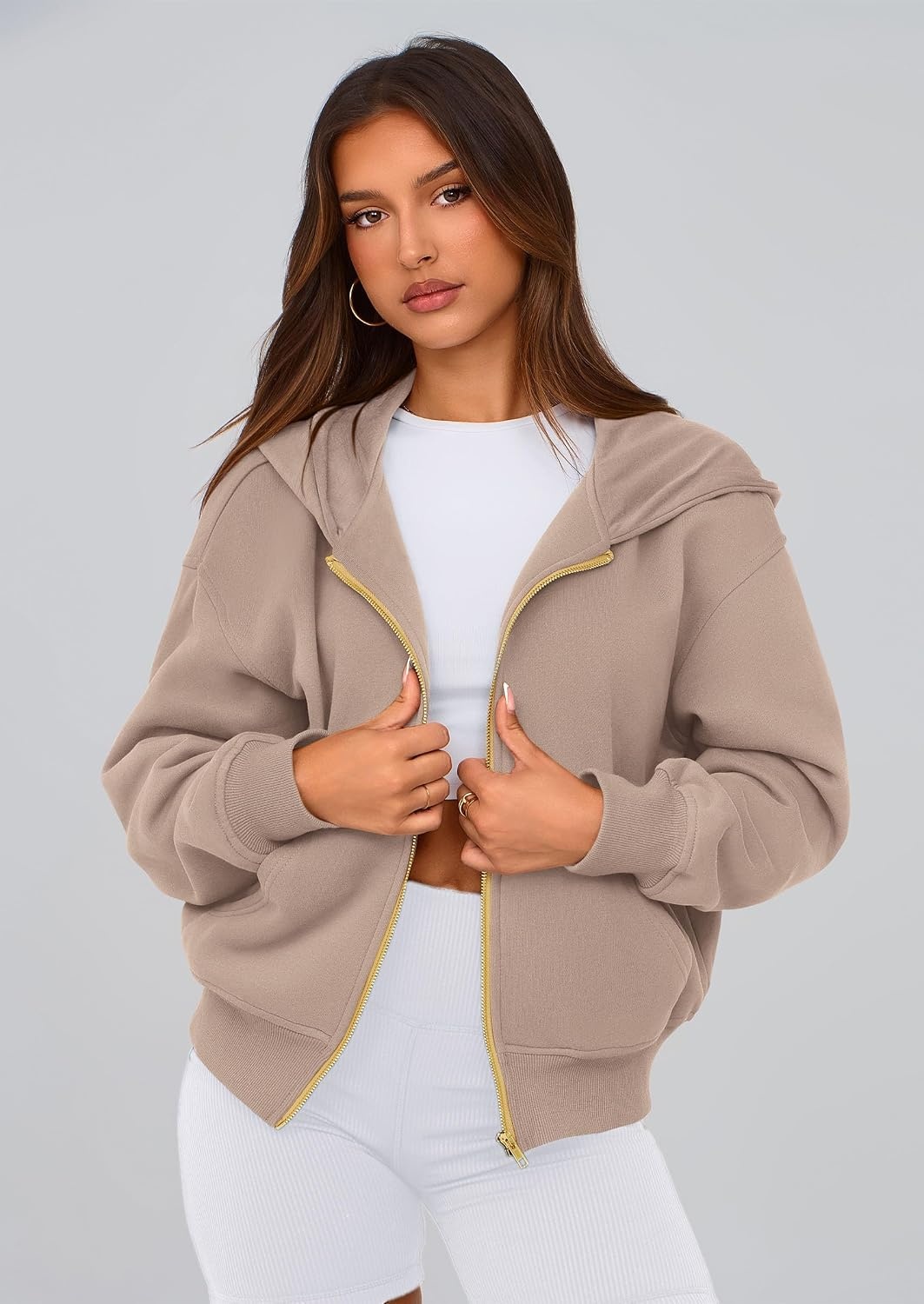 image:imagePRETTYGARDEN Hoodies for Women Fall Fashion Zip Up Fleece Plain SweatshirtGrey Khaki