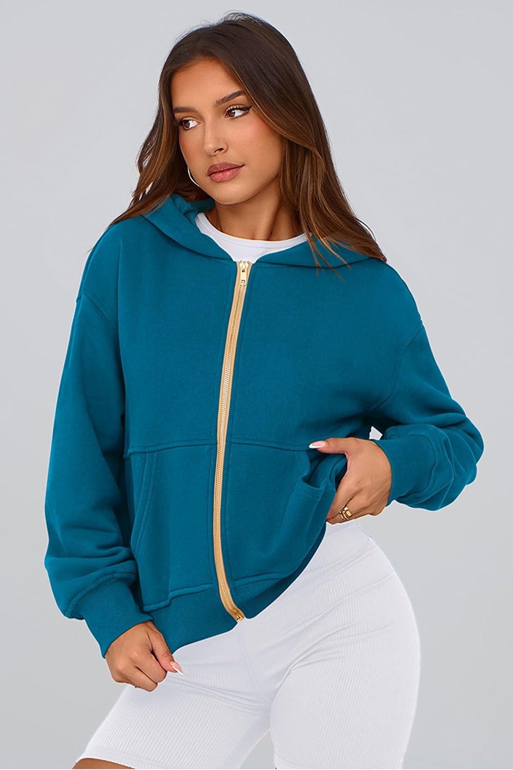 image:imagePRETTYGARDEN Hoodies for Women Fall Fashion Zip Up Fleece Plain SweatshirtLake Blue