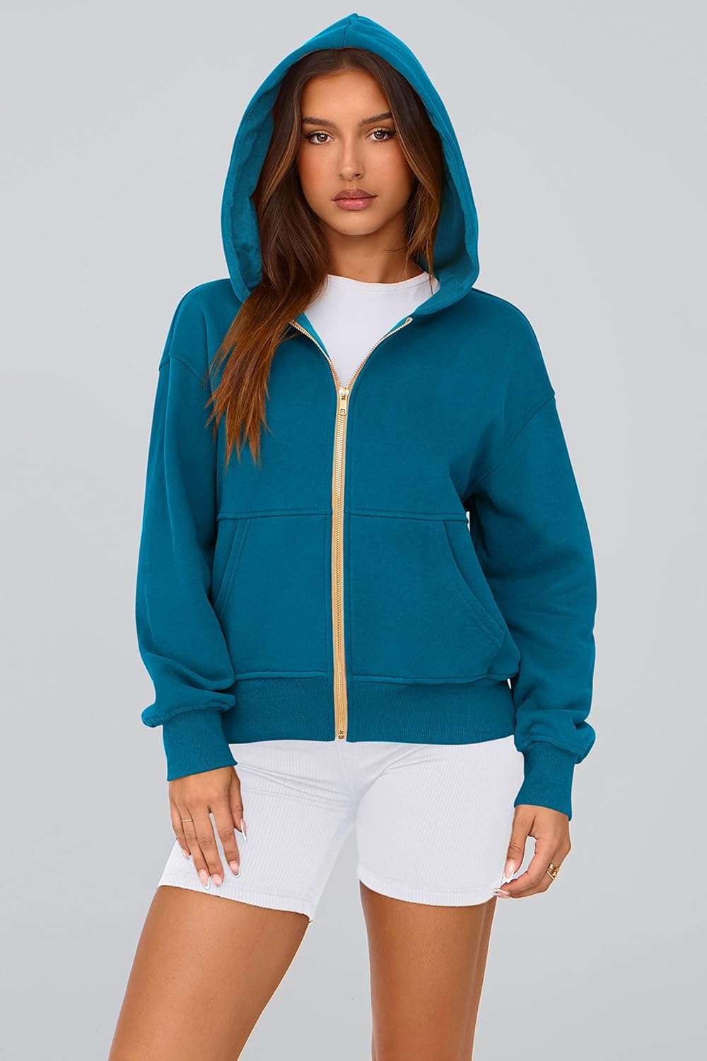 image:imagePRETTYGARDEN Hoodies for Women Fall Fashion Zip Up Fleece Plain SweatshirtLake Blue