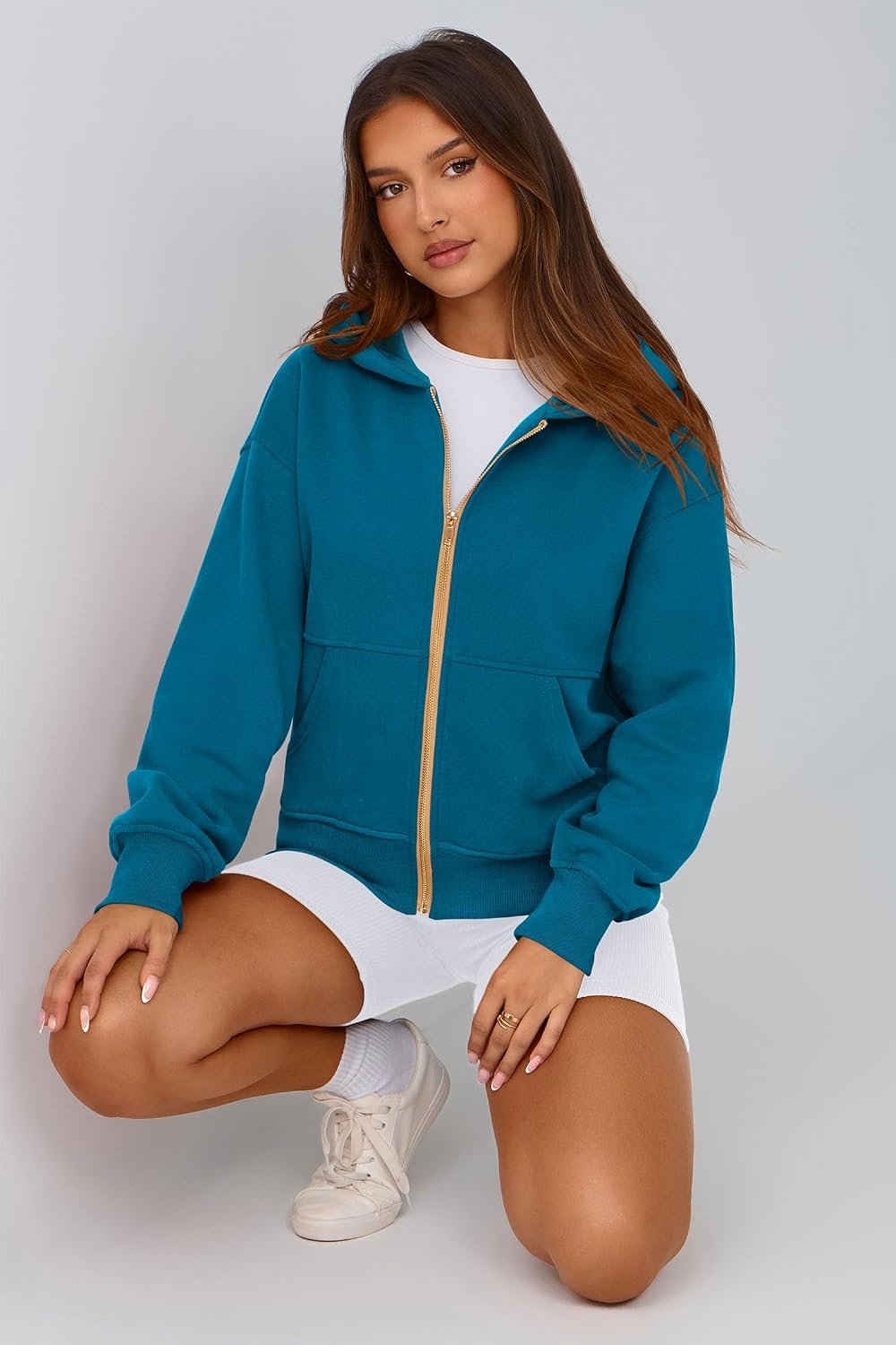 image:imagePRETTYGARDEN Hoodies for Women Fall Fashion Zip Up Fleece Plain SweatshirtLake Blue