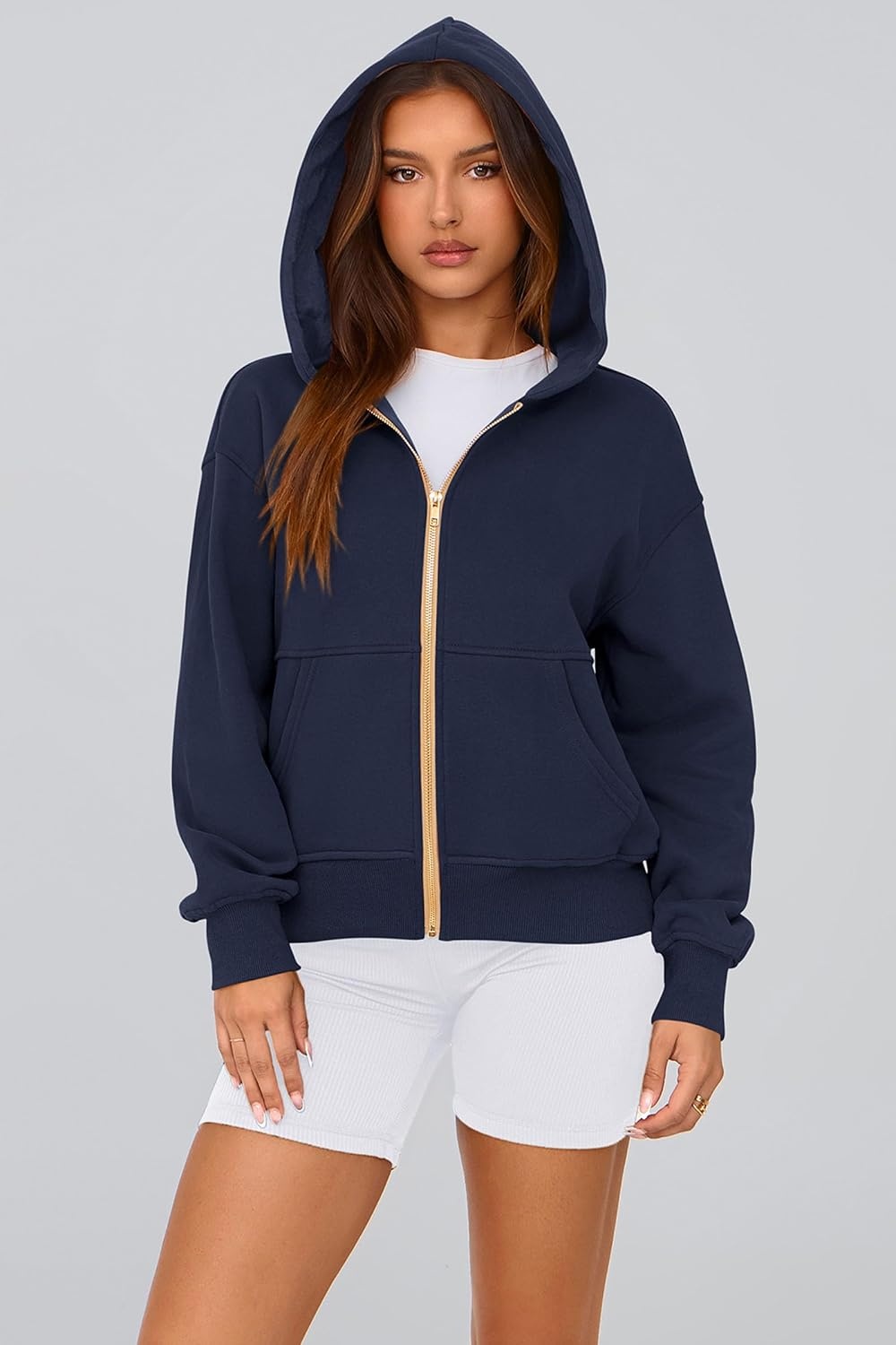 image:imagePRETTYGARDEN Hoodies for Women Fall Fashion Zip Up Fleece Plain SweatshirtNavy