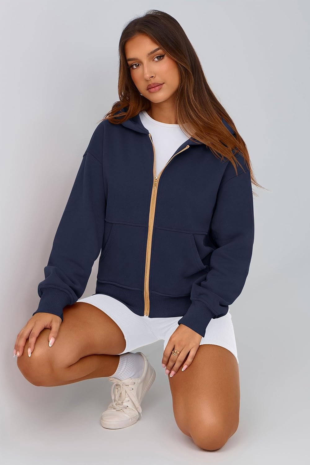 image:imagePRETTYGARDEN Hoodies for Women Fall Fashion Zip Up Fleece Plain SweatshirtNavy
