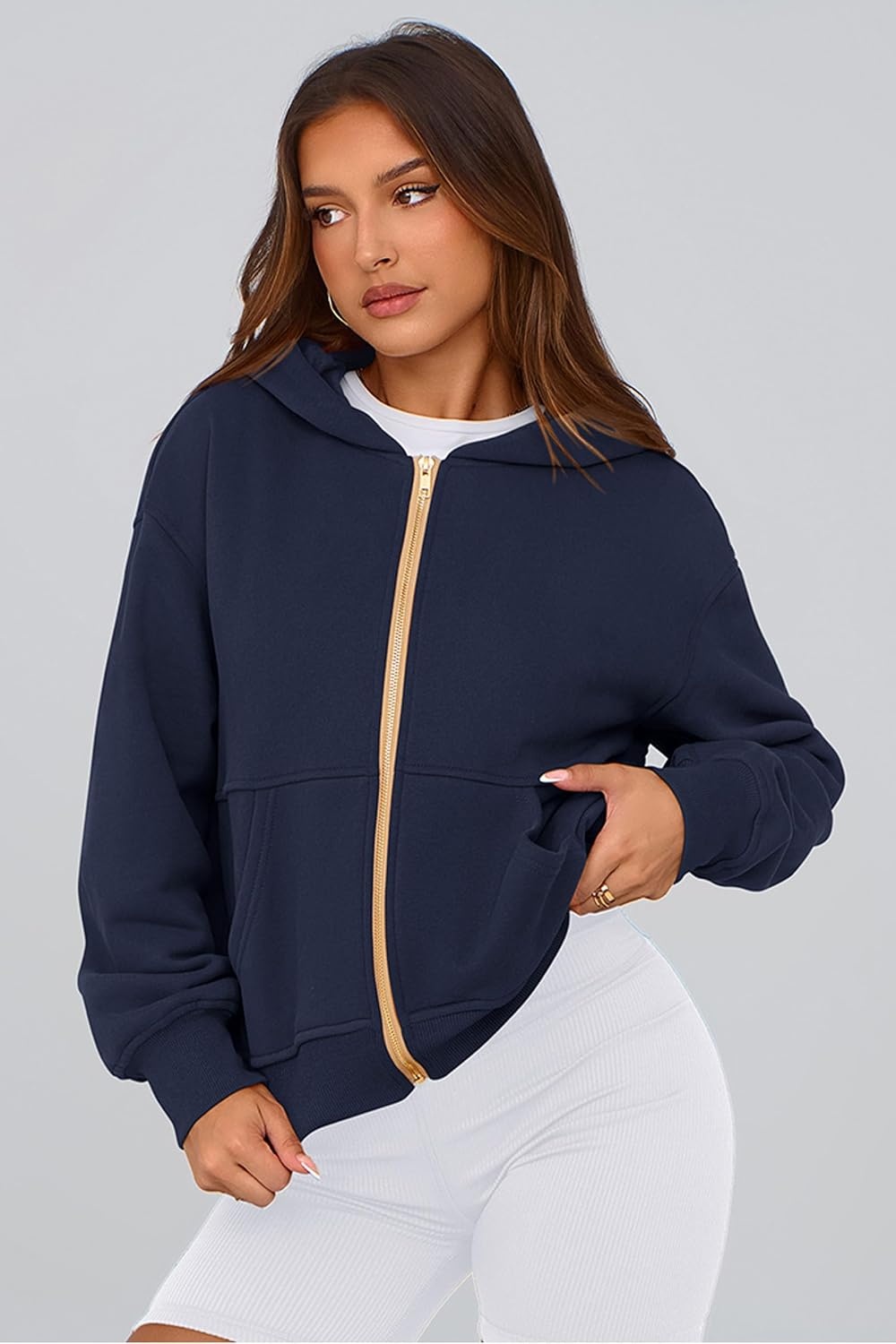 image:imagePRETTYGARDEN Hoodies for Women Fall Fashion Zip Up Fleece Plain SweatshirtNavy