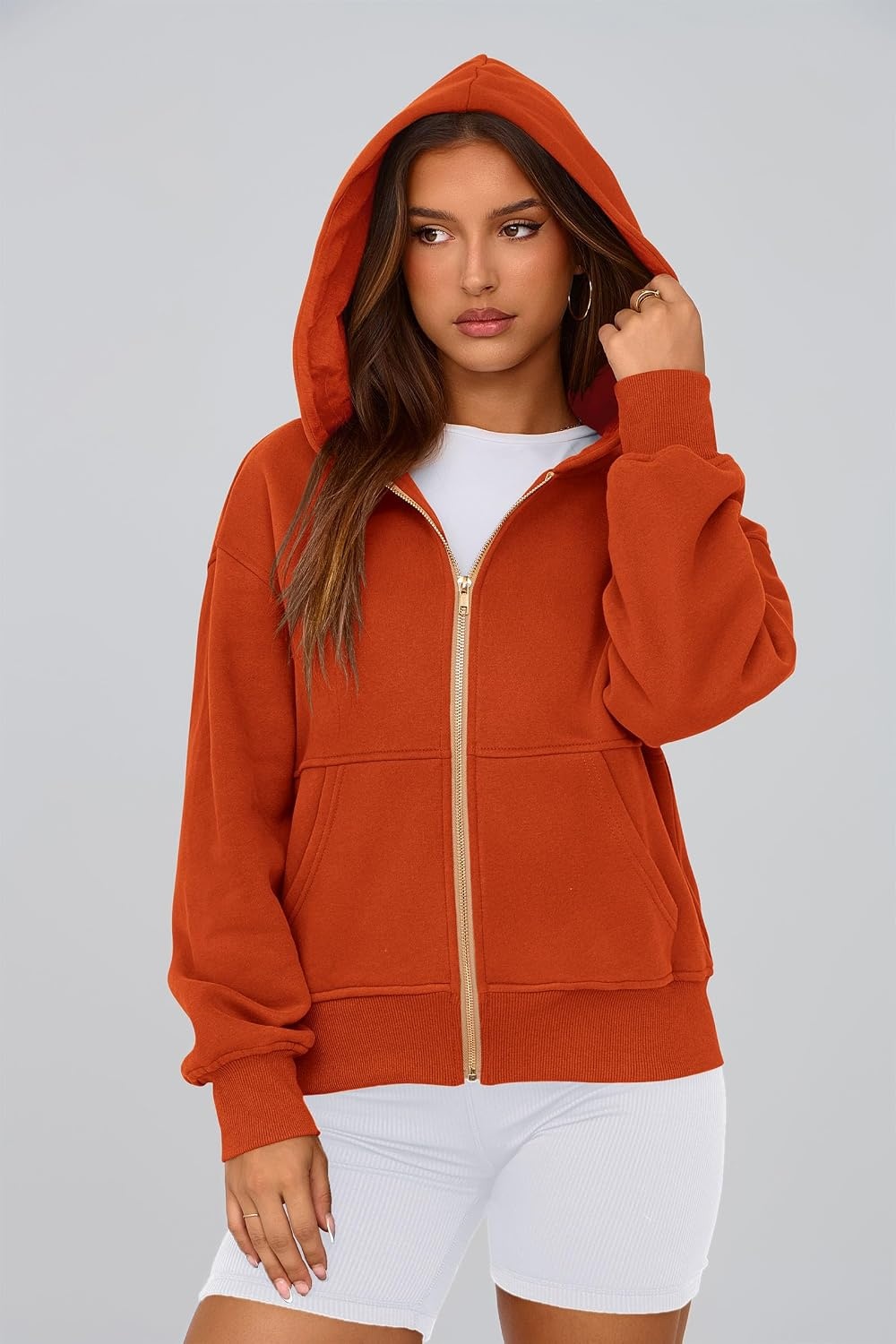 image:imagePRETTYGARDEN Hoodies for Women Fall Fashion Zip Up Fleece Plain SweatshirtOrange