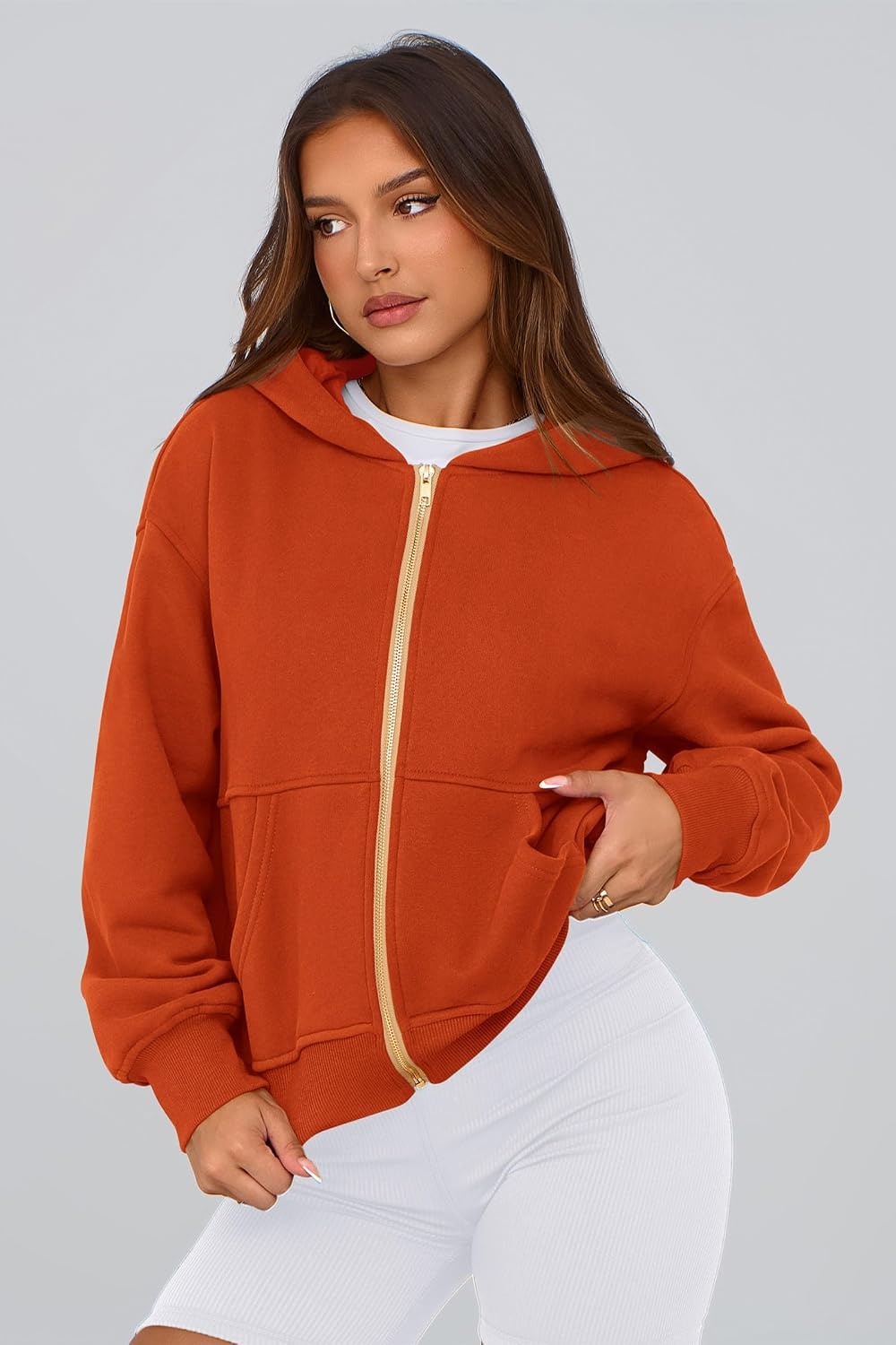 image:imagePRETTYGARDEN Hoodies for Women Fall Fashion Zip Up Fleece Plain SweatshirtOrange