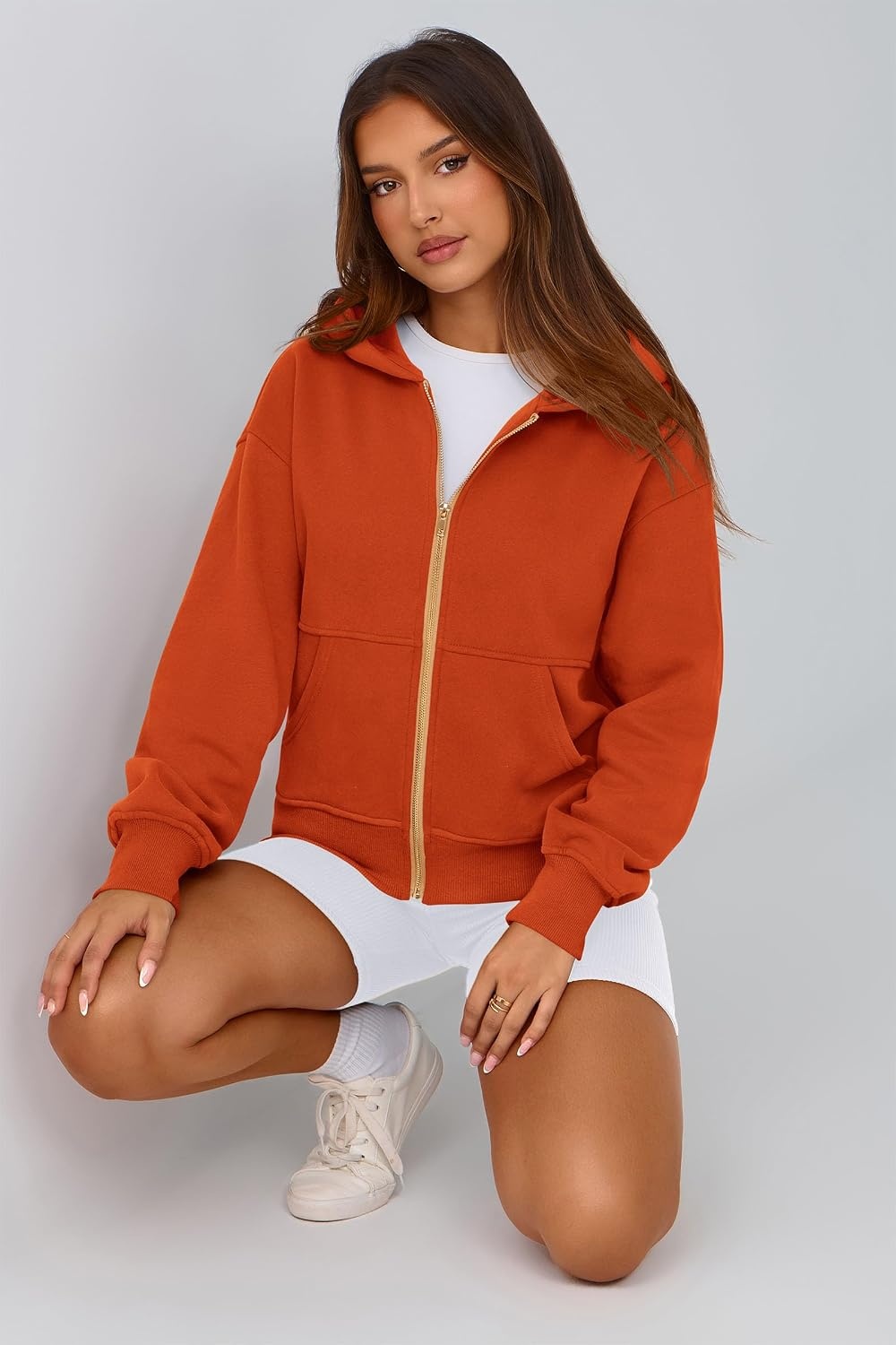 image:imagePRETTYGARDEN Hoodies for Women Fall Fashion Zip Up Fleece Plain SweatshirtOrange