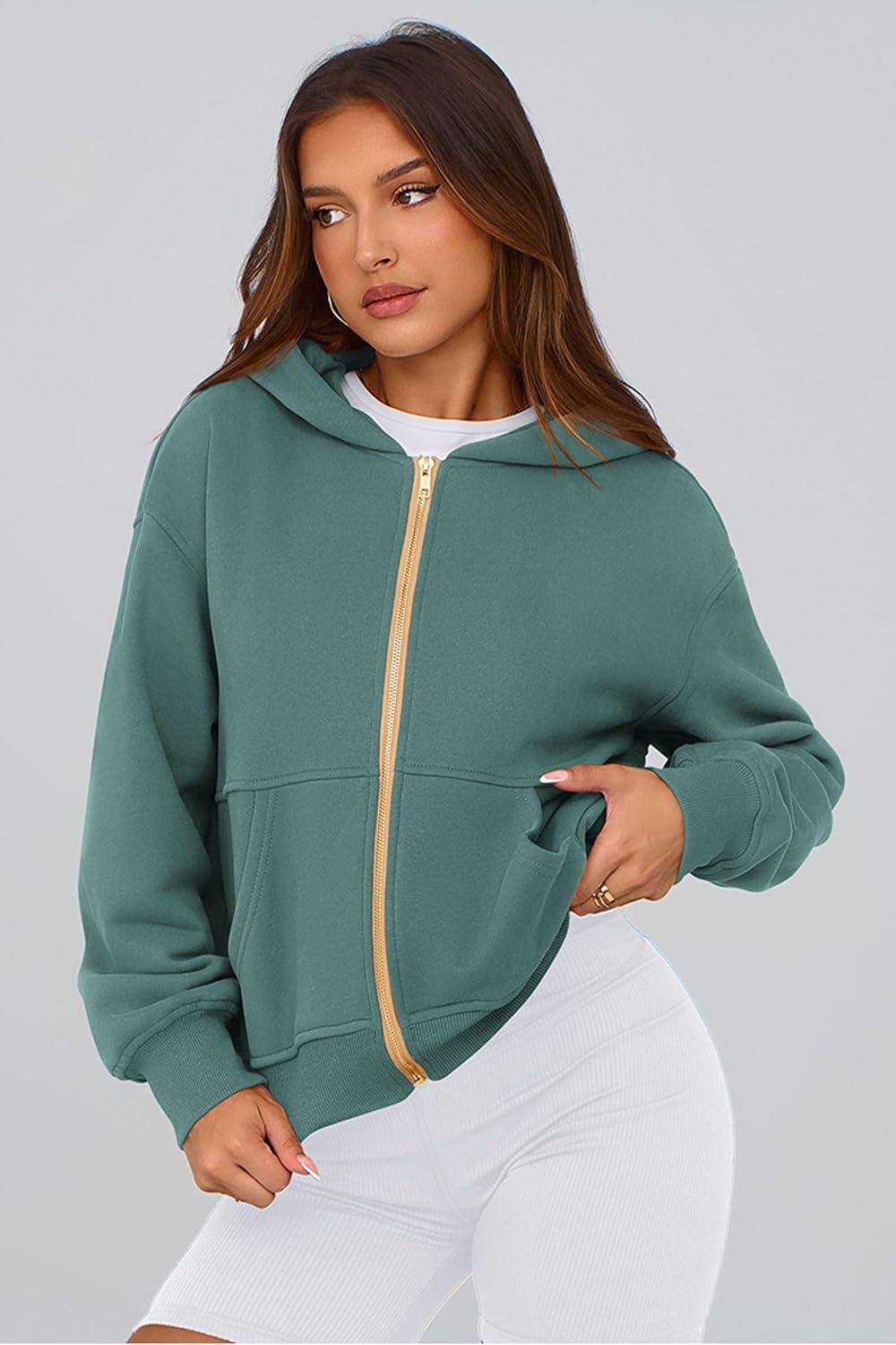 image:imagePRETTYGARDEN Hoodies for Women Fall Fashion Zip Up Fleece Plain SweatshirtSage Green
