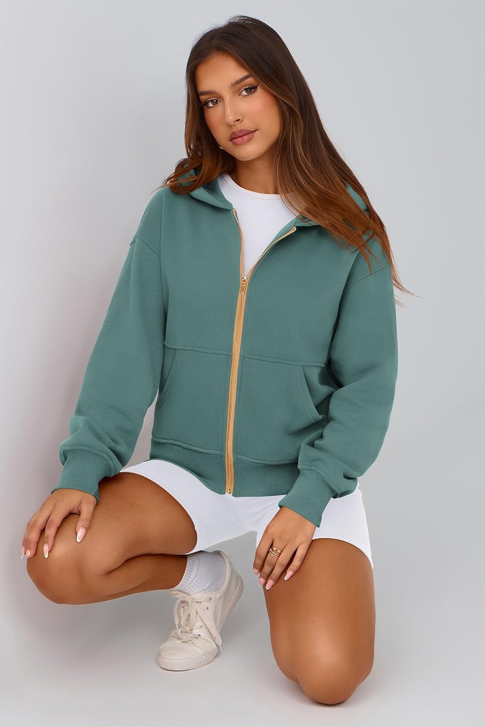 image:imagePRETTYGARDEN Hoodies for Women Fall Fashion Zip Up Fleece Plain SweatshirtSage Green