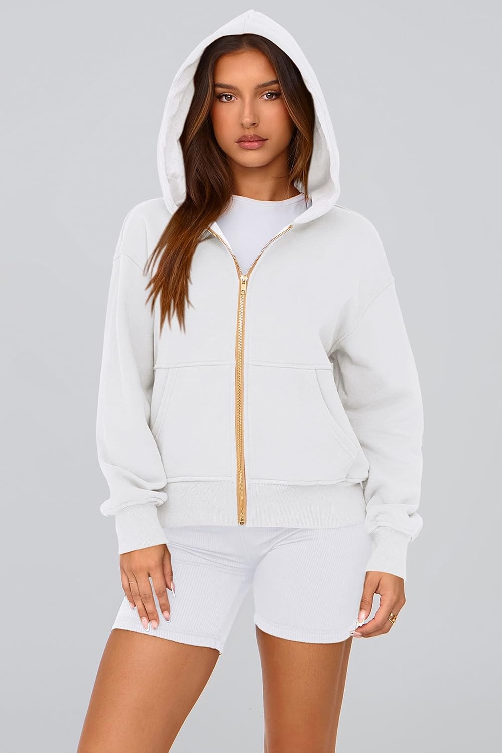 image:imagePRETTYGARDEN Hoodies for Women Fall Fashion Zip Up Fleece Plain SweatshirtWhite