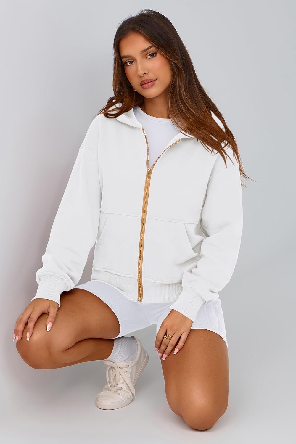 image:imagePRETTYGARDEN Hoodies for Women Fall Fashion Zip Up Fleece Plain SweatshirtWhite