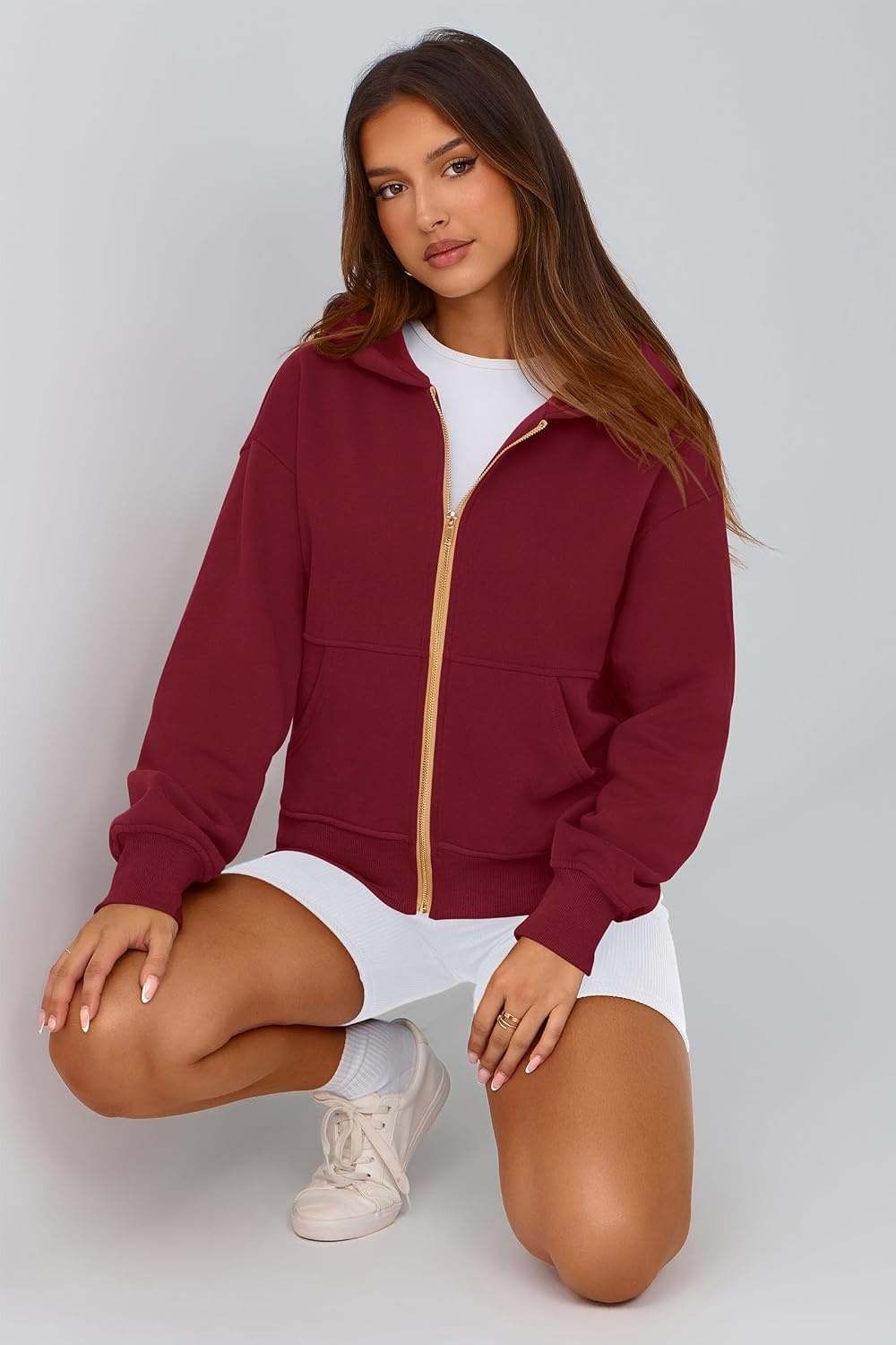 image:imagePRETTYGARDEN Hoodies for Women Fall Fashion Zip Up Fleece Plain SweatshirtWine Red