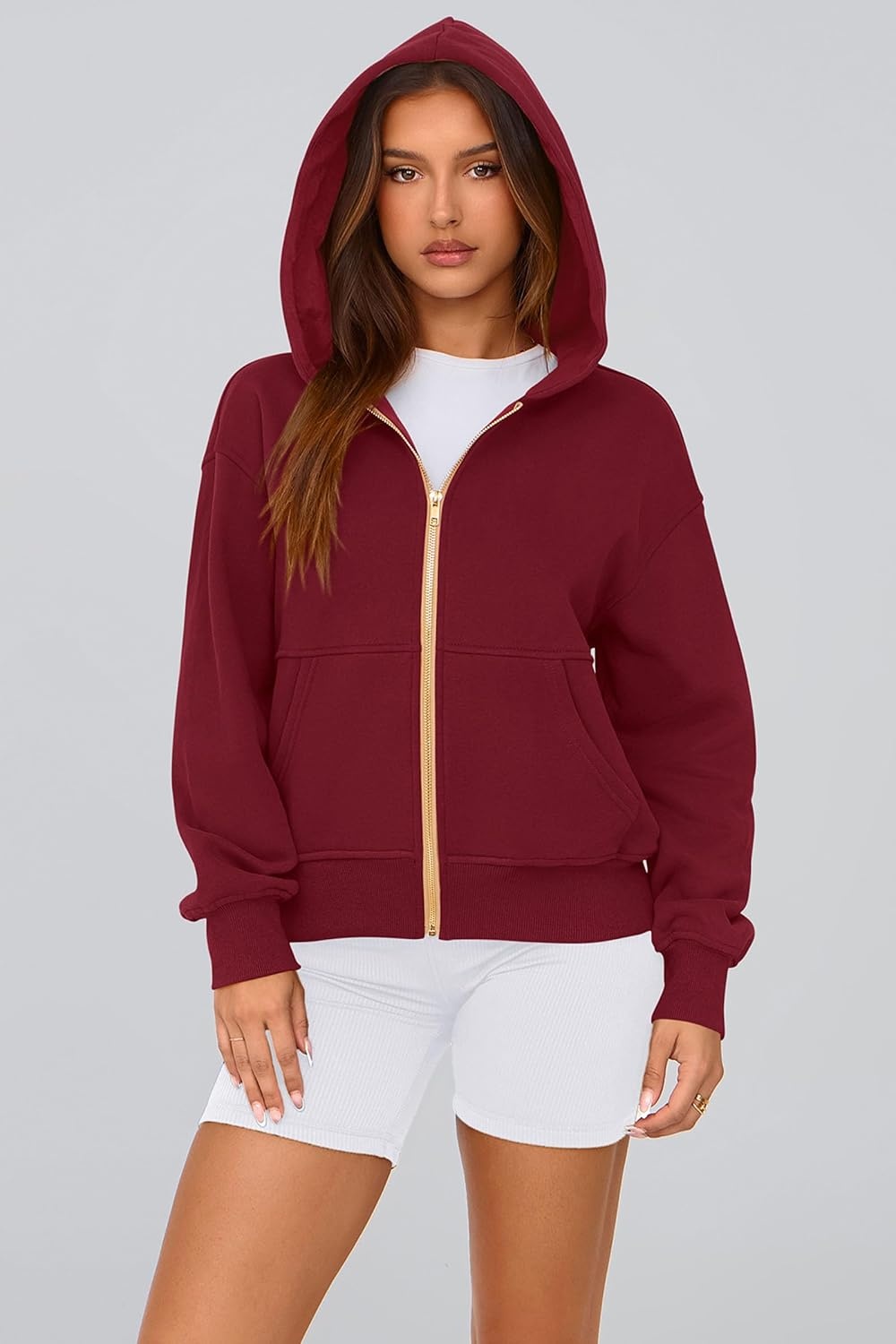 image:imagePRETTYGARDEN Hoodies for Women Fall Fashion Zip Up Fleece Plain SweatshirtWine Red