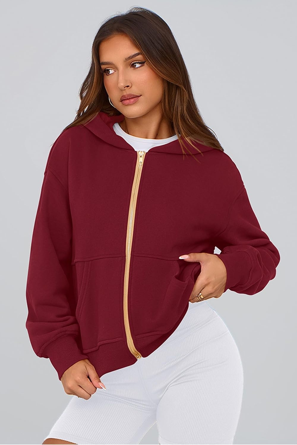 image:imagePRETTYGARDEN Hoodies for Women Fall Fashion Zip Up Fleece Plain SweatshirtWine Red
