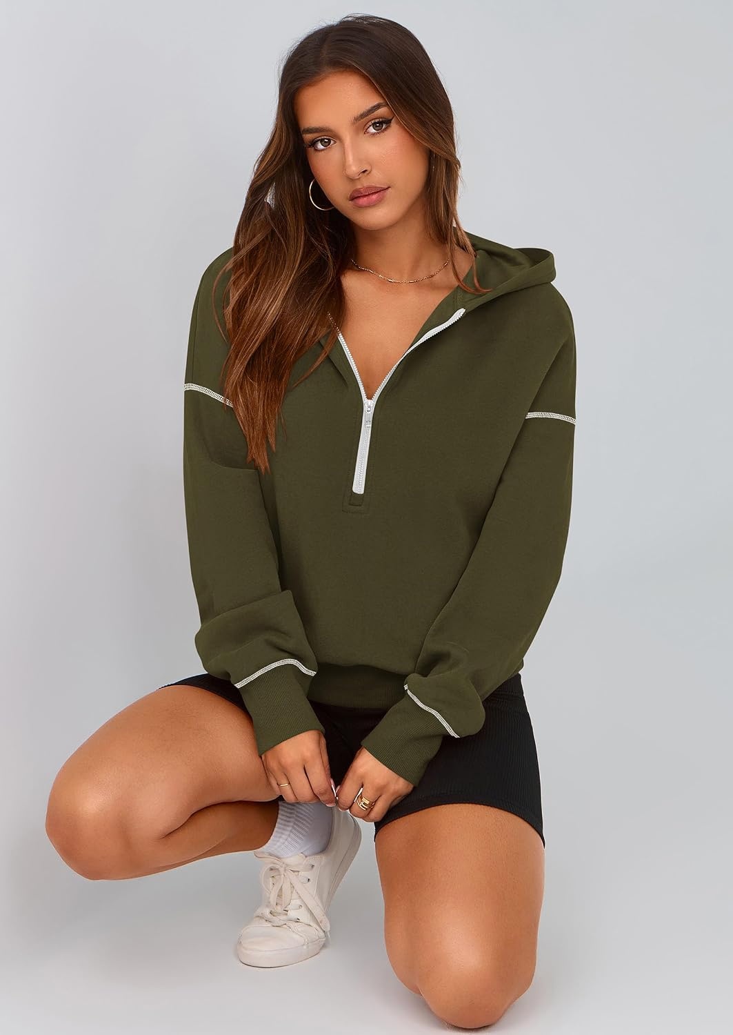image:imagePRETTYGARDEN Womens Fall Half Zip Cropped Hoodie SweatshirtArmy Green