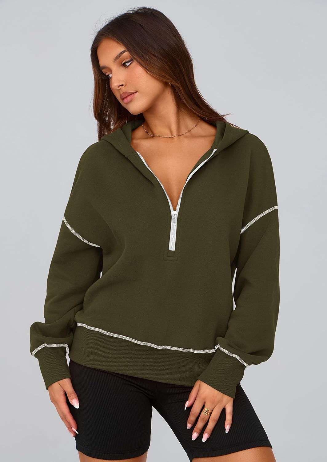 image:imagePRETTYGARDEN Womens Fall Half Zip Cropped Hoodie SweatshirtArmy Green
