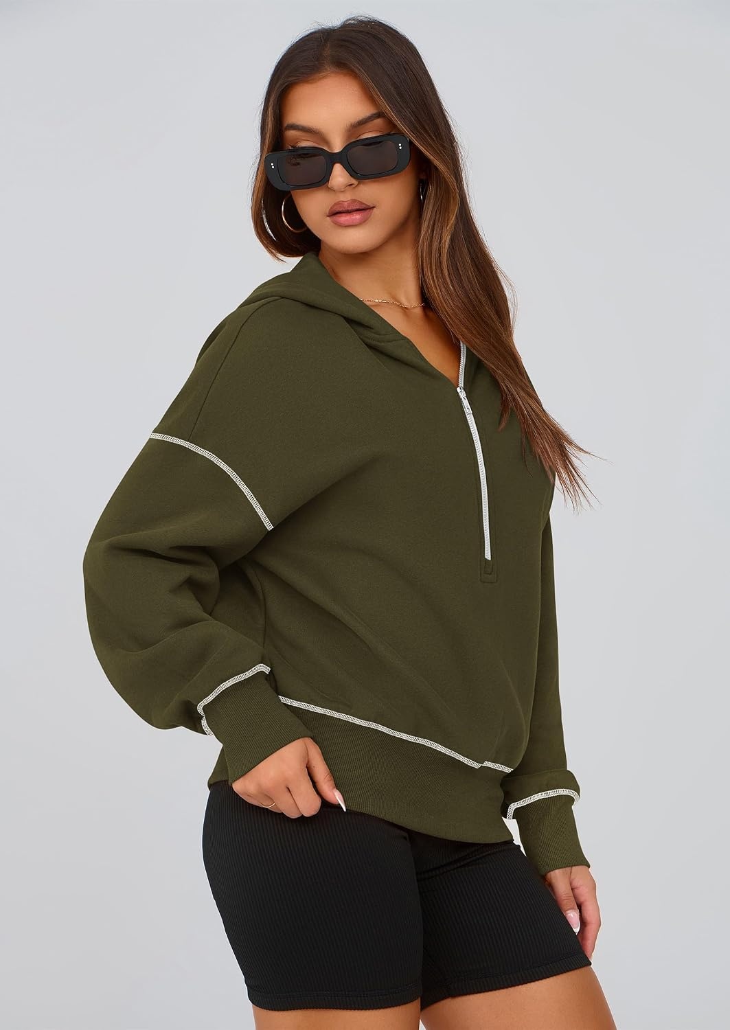 image:imagePRETTYGARDEN Womens Fall Half Zip Cropped Hoodie SweatshirtArmy Green