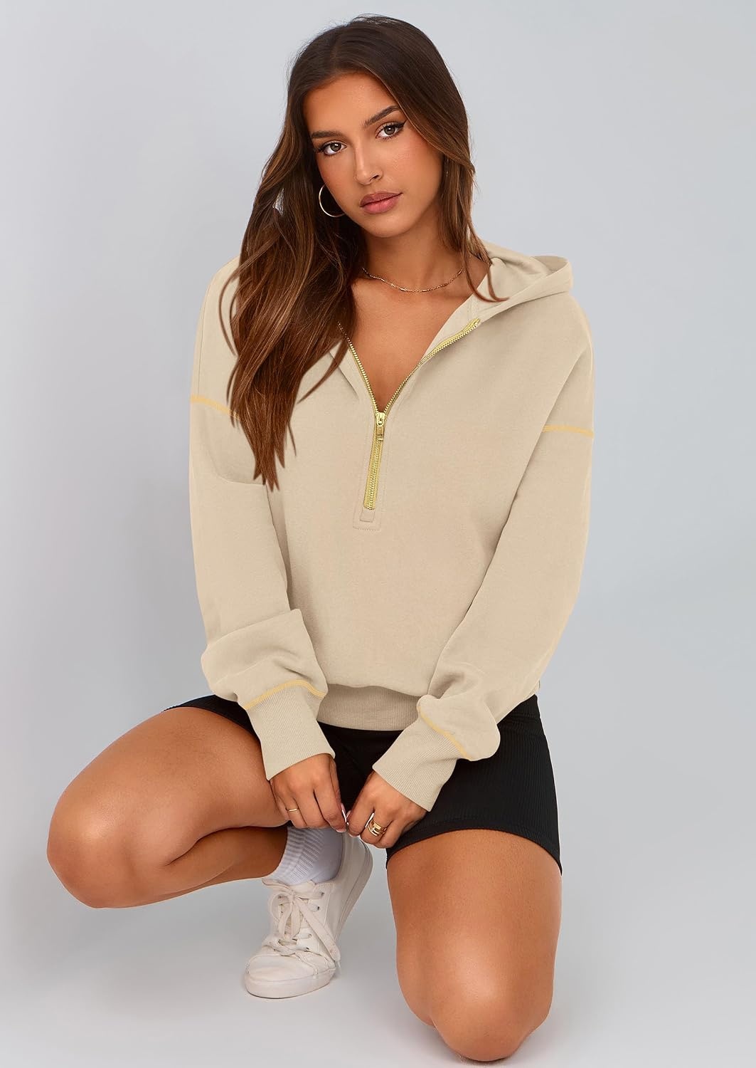 image:imagePRETTYGARDEN Womens Fall Half Zip Cropped Hoodie SweatshirtBeige