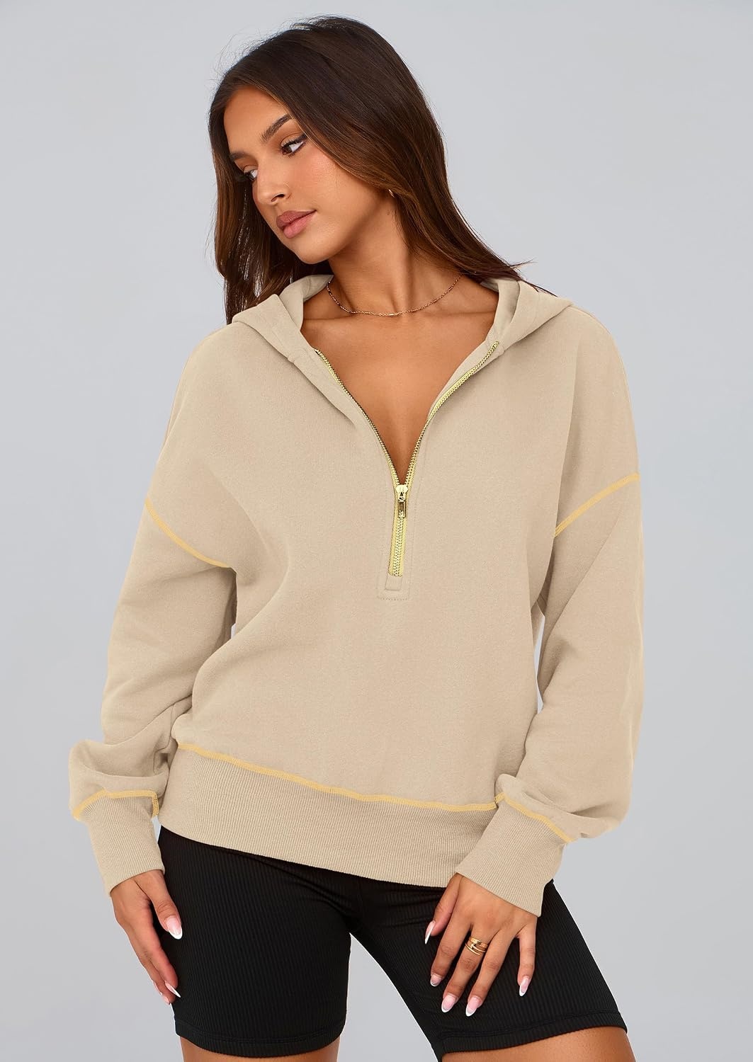 image:imagePRETTYGARDEN Womens Fall Half Zip Cropped Hoodie SweatshirtBeige