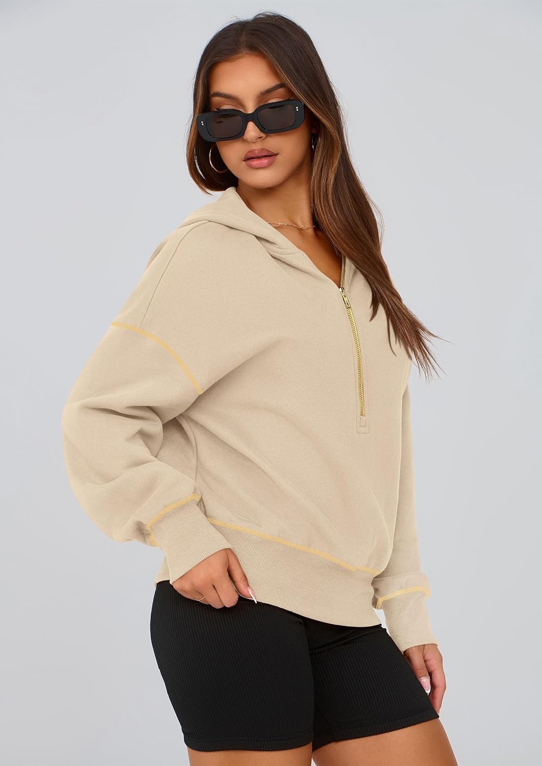 image:imagePRETTYGARDEN Womens Fall Half Zip Cropped Hoodie SweatshirtBeige